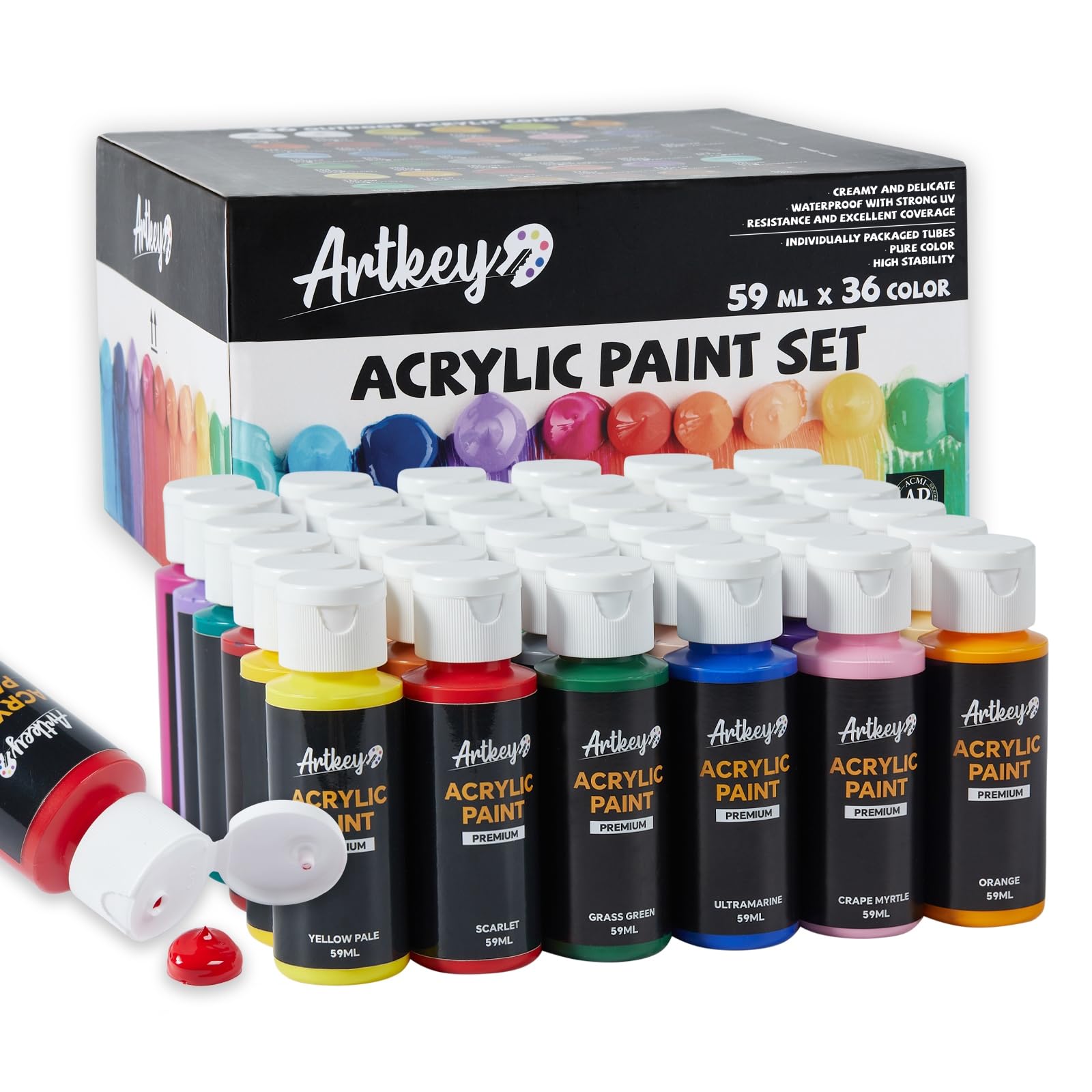 Artkey Acrylic Paint Set, 24 Colors 2 oz/59 ml Acrylic Paint Kit for Professional Artists & Beginners – Craft & Art Supplies for Canvas, Wood, Fabric, Rock, Leather, Ceramic, Glass, Easter Egg