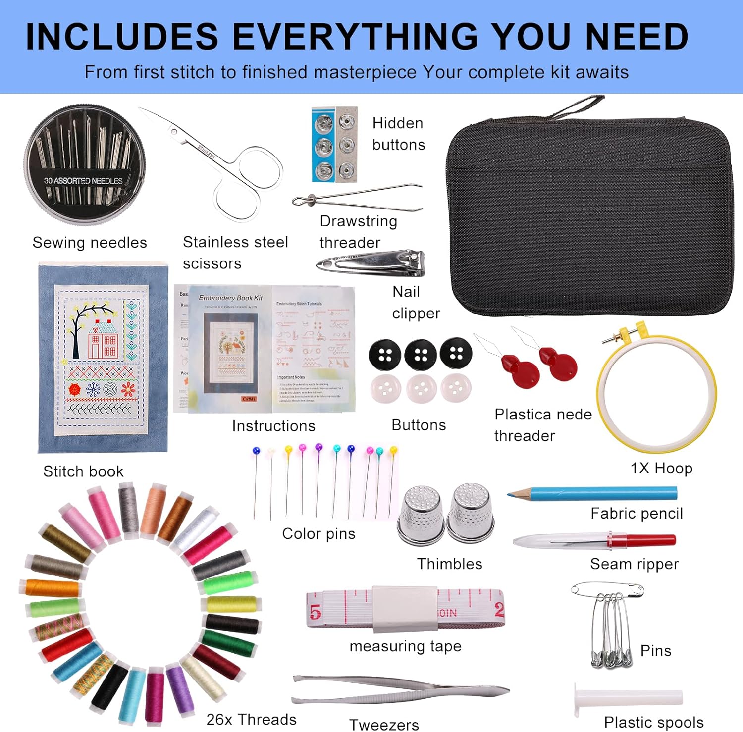 100 PCS Complete Embroidery Stitch Book Kit with Includes Step-by-Step Instructions, Hoops, Threads, Needles & Fabric, All-in-One Portable Starter Set for Adult Beginners & DIY Craft Enthusiasts