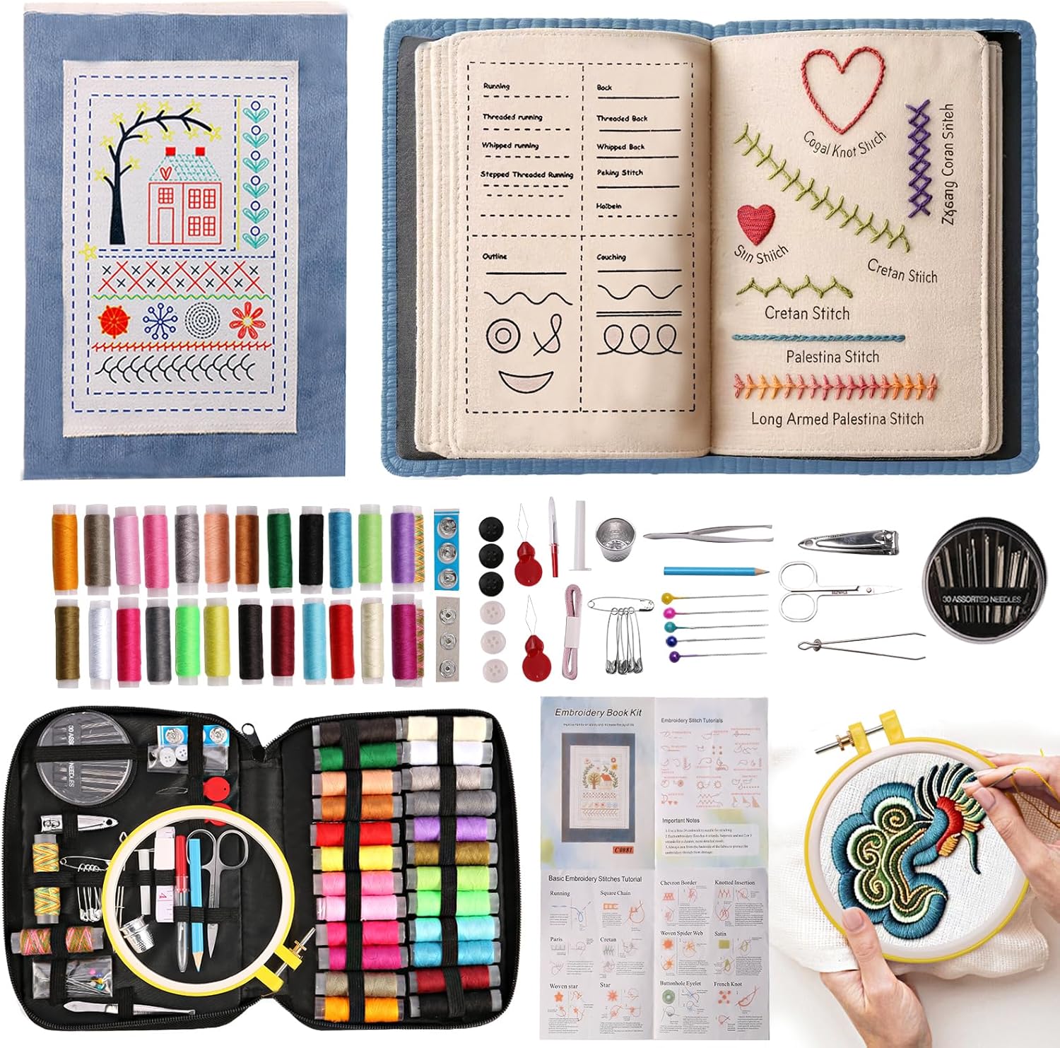 100 PCS Complete Embroidery Stitch Book Kit with Includes Step-by-Step Instructions, Hoops, Threads, Needles & Fabric, All-in-One Portable Starter Set for Adult Beginners & DIY Craft Enthusiasts