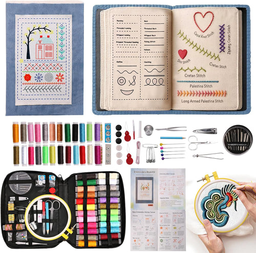 100 PCS Complete Embroidery Stitch Book Kit with Includes Step-by-Step Instructions, Hoops, Threads, Needles & Fabric, All-in-One Portable Starter Set for Adult Beginners & DIY Craft Enthusiasts
