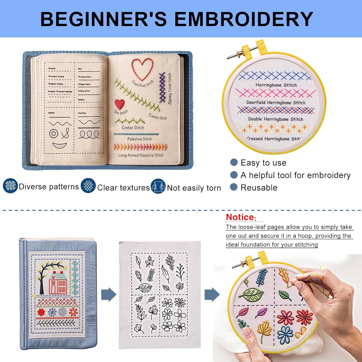 100 PCS Complete Embroidery Stitch Book Kit with Includes Step-by-Step Instructions, Hoops, Threads, Needles & Fabric, All-in-One Portable Starter Set for Adult Beginners & DIY Craft Enthusiasts