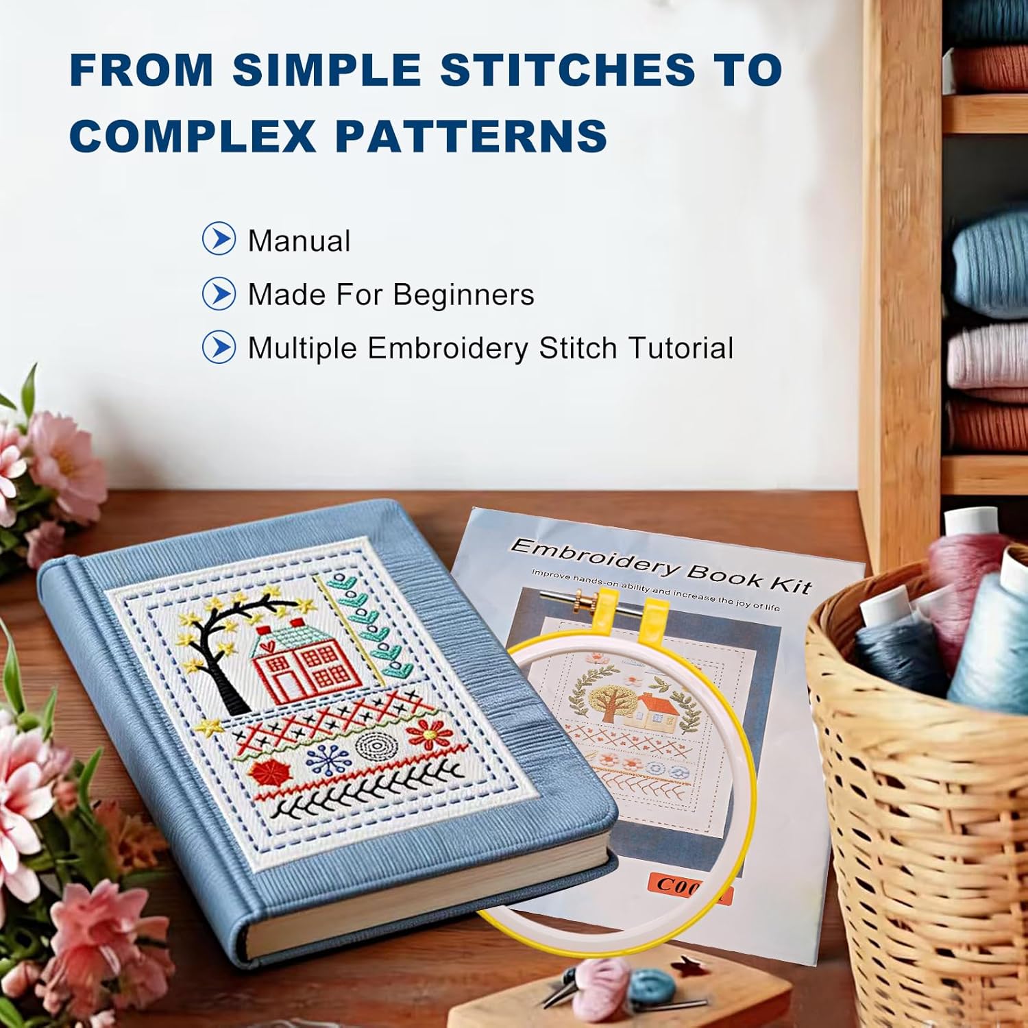 100 PCS Complete Embroidery Stitch Book Kit with Includes Step-by-Step Instructions, Hoops, Threads, Needles & Fabric, All-in-One Portable Starter Set for Adult Beginners & DIY Craft Enthusiasts