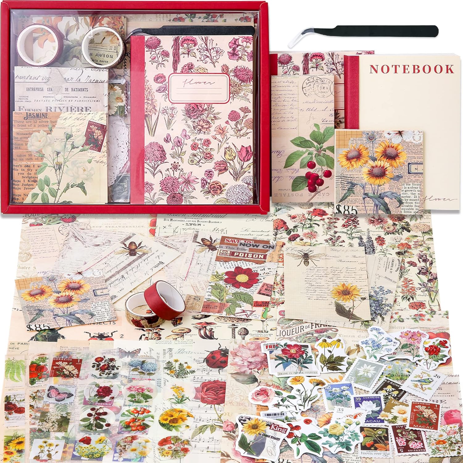 emmoolife Vintage Aesthetic Scrapbooking Supplies Kit, Flowers Botanical Bullet Junk Journal Kit with Journaling Supplies, Tweezers, A6 Grid Notebook,Stationery,Sticker, Birthday Craft Gift for Adult